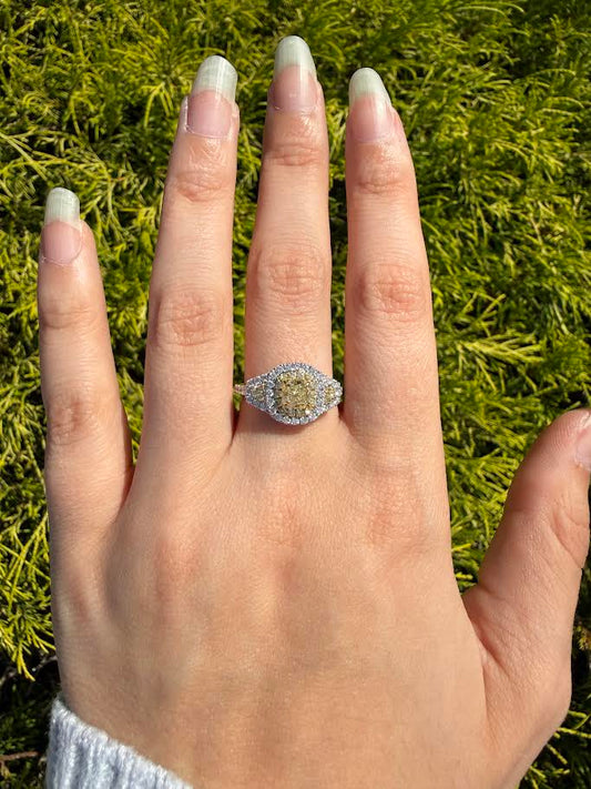 18K 1.01 CTW Fancy Yellow Cushion Diamond Halo Ring