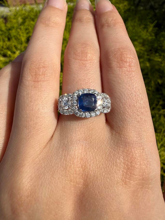 18K White Gold 3-Stone Halo Diamond Sapphire Ring
