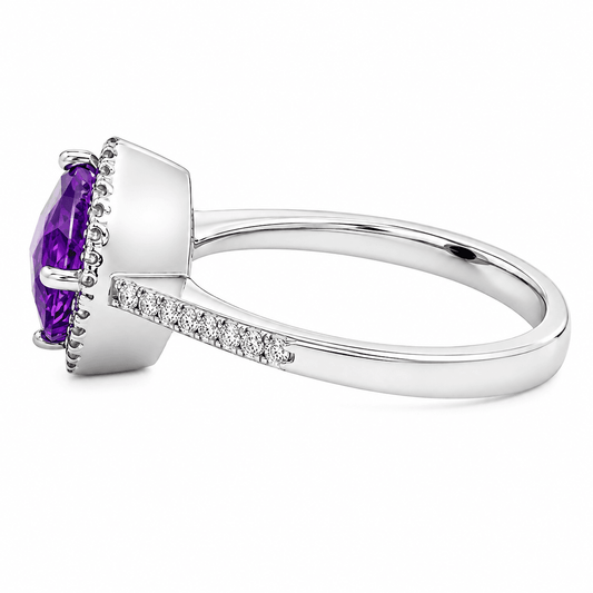 Cushion Amethyst and Diamond Halo Ring