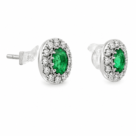 Emerald and Diamond Halo Stud Earrings