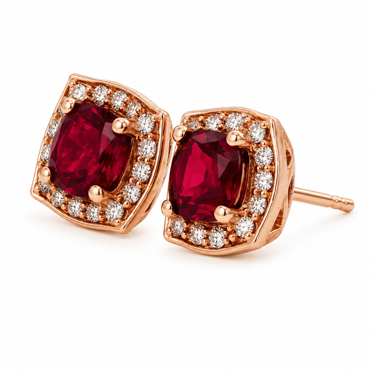 Rhodolite Garnet and Diamond Halo Stud Earrings