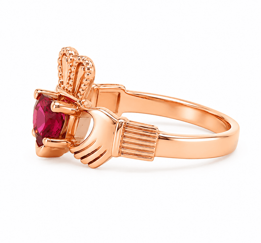 14K Rose Gold Claddagh Ring with Pink Gemstone