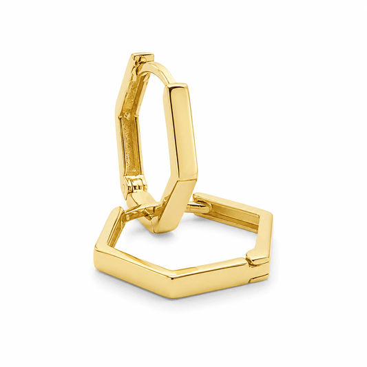 14K Yellow Gold Narrow Hexagon Huggie Earrings