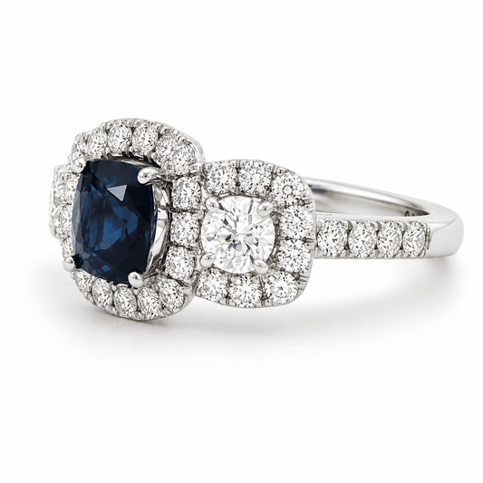 18K White Gold 3-Stone Halo Diamond Sapphire Ring
