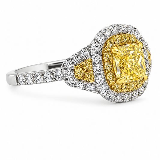 18K 0.56 CTW Fancy Yellow Cushion Diamond Halo Ring