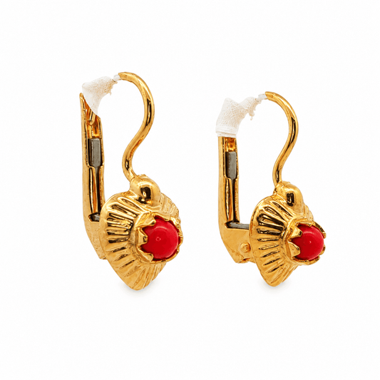 18K Yellow Gold Red Stone Dangle Earrings