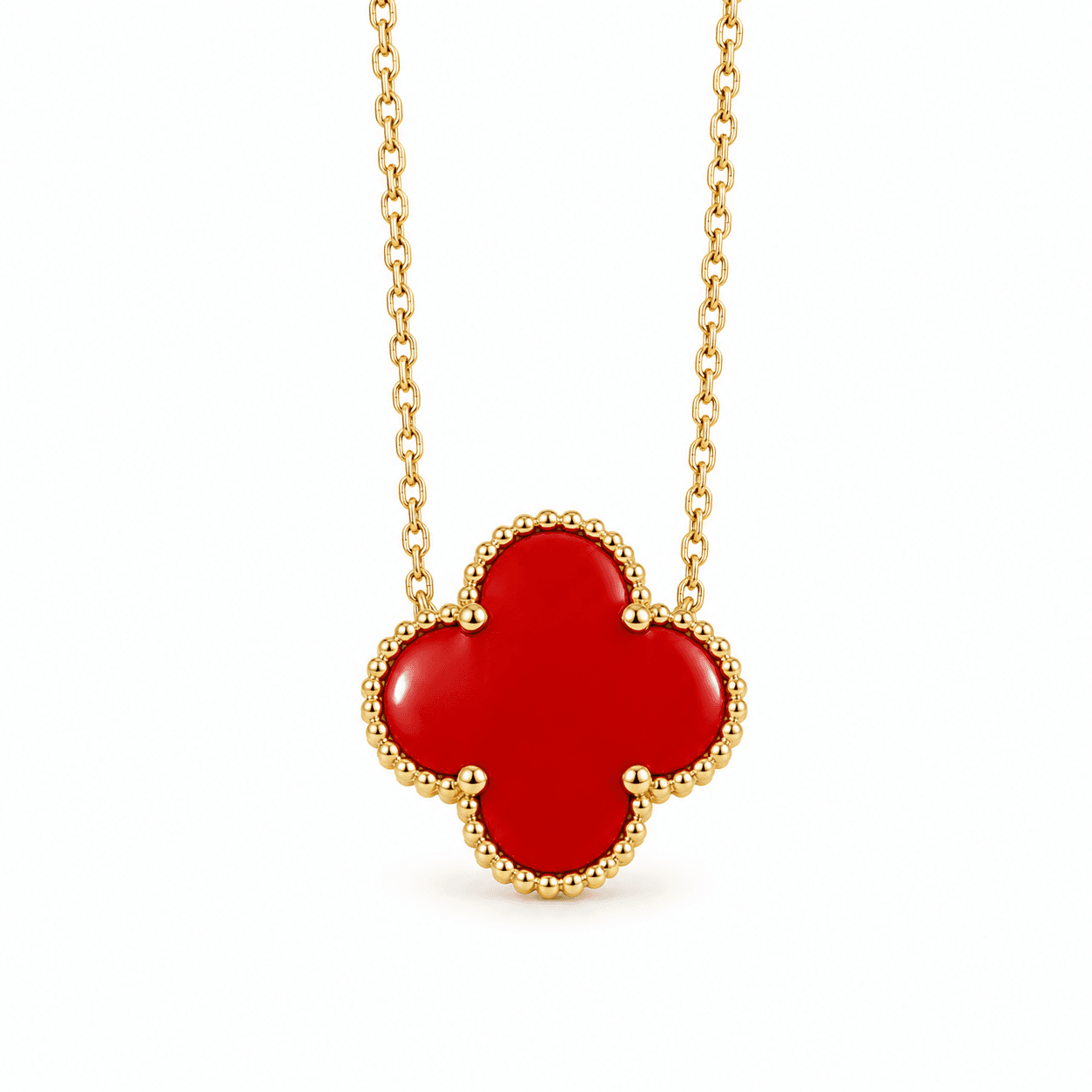 14K Yellow Gold Red Stone Clover Necklace