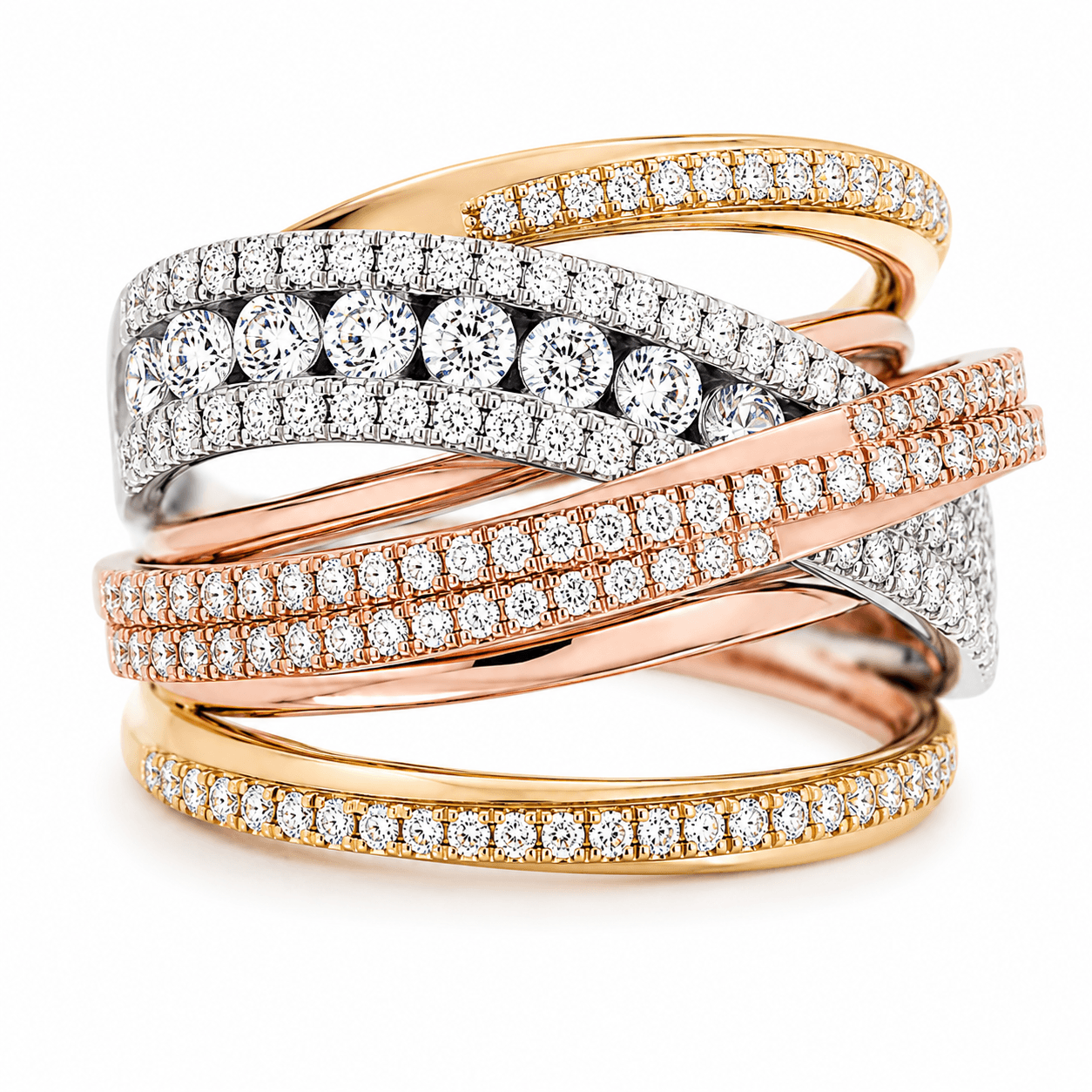 14K Tricolor Diamond Crossover Ring