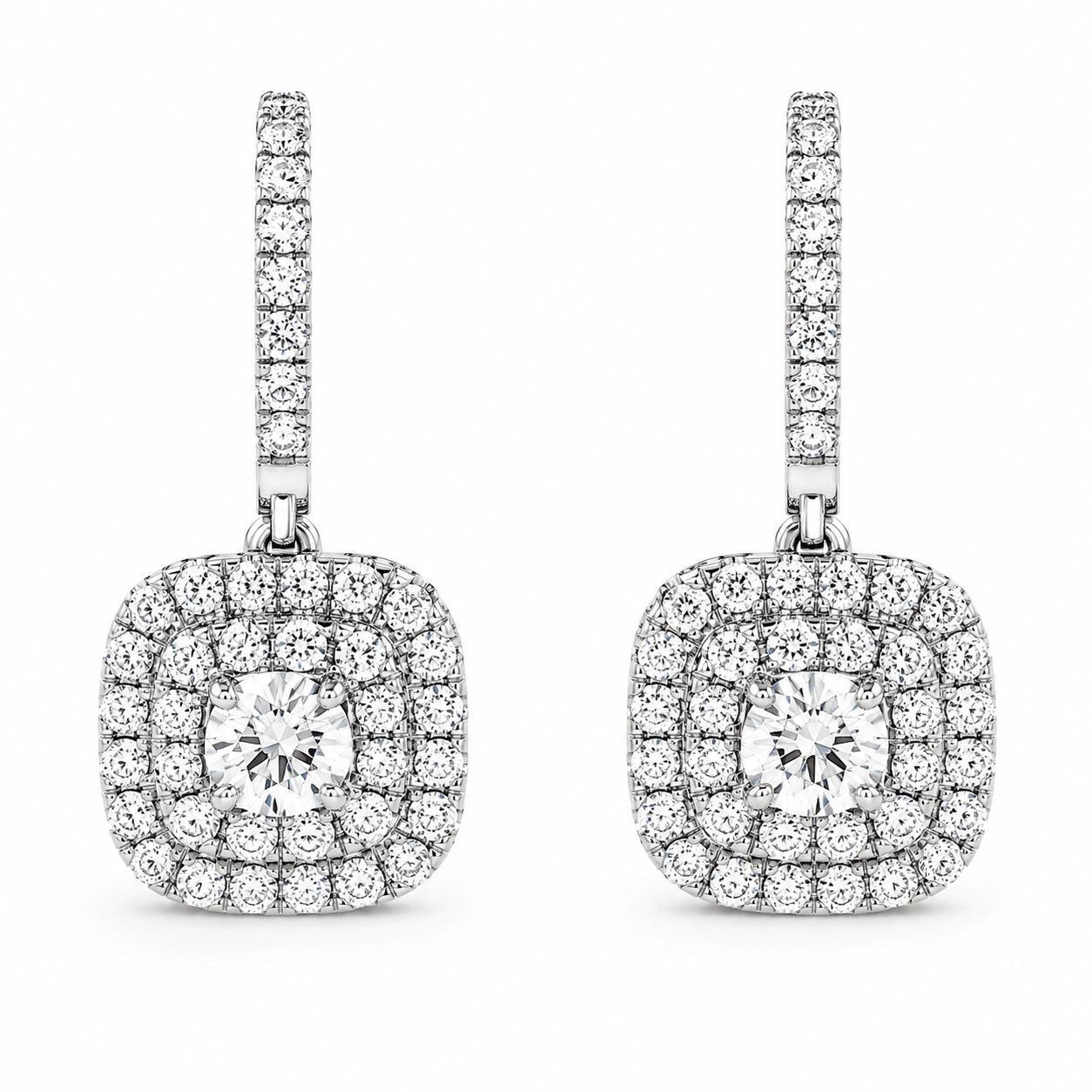 18K White Gold Cushion Cut Double Row Drop Earrings