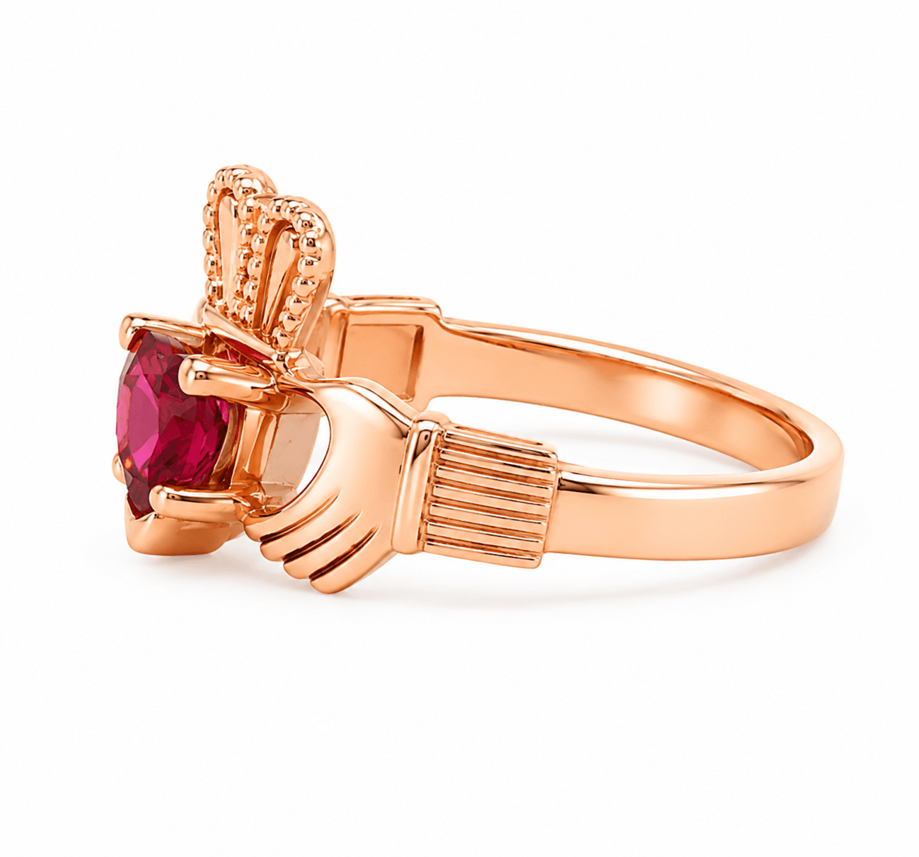 14K Rose Gold Claddagh Ring with Pink Gemstone