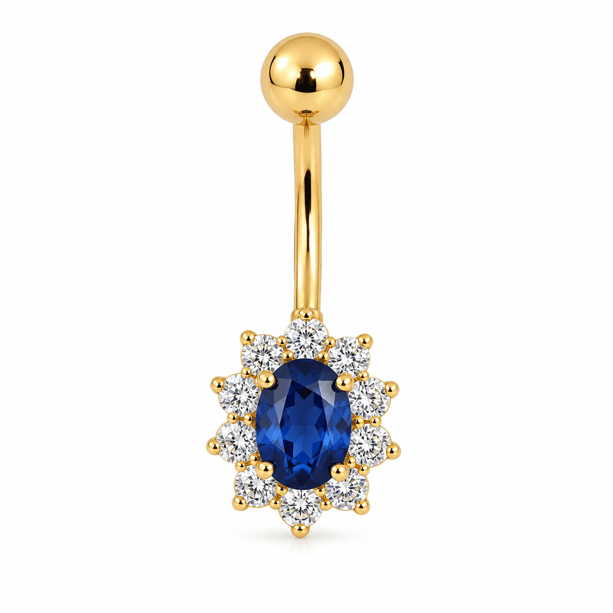 14K Oval Blue & CZ Halo Belly Piercing