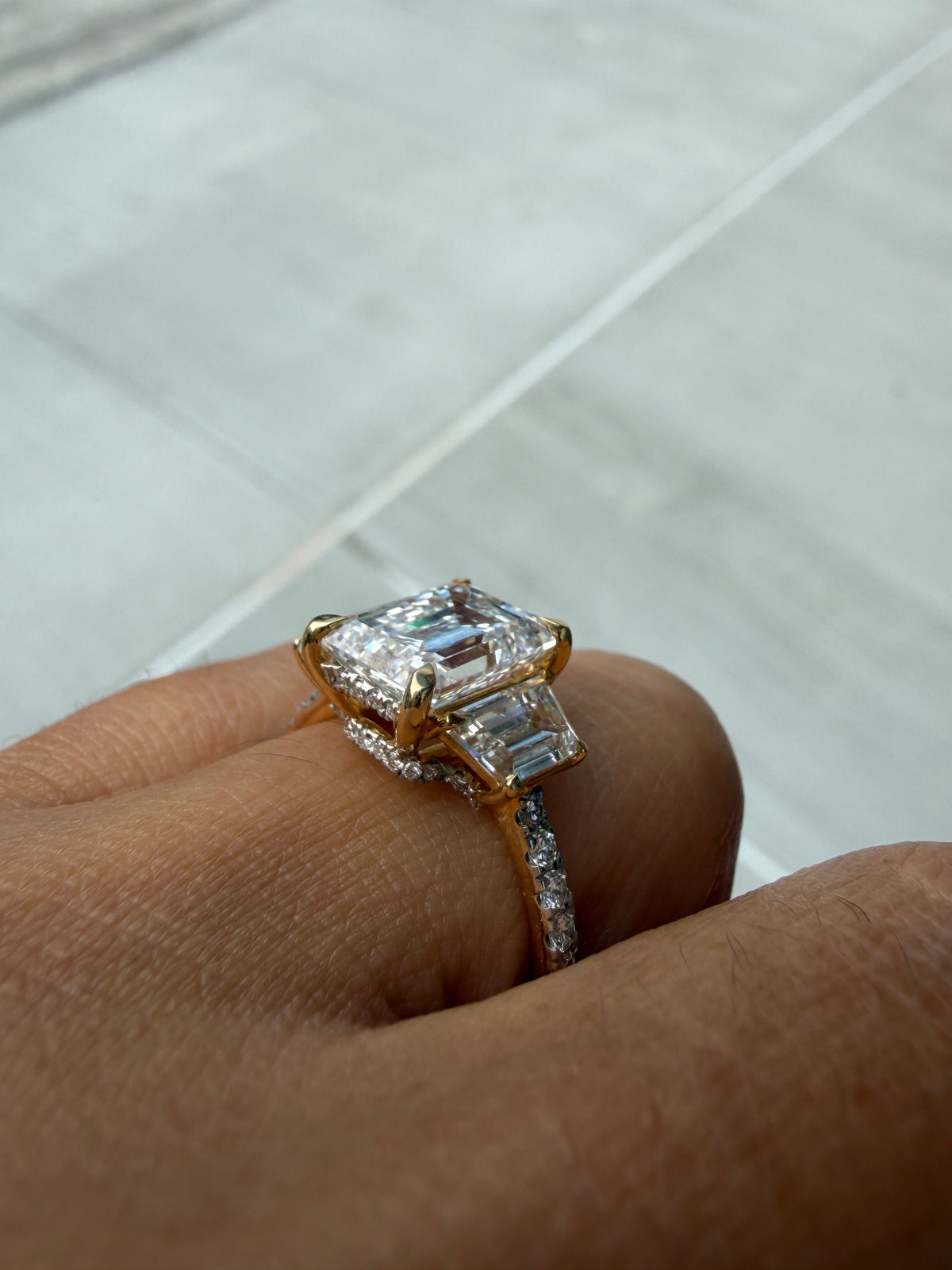 4.85 CTW Lab-Grown Emerald-Cut Three-Stone Engagement Ring