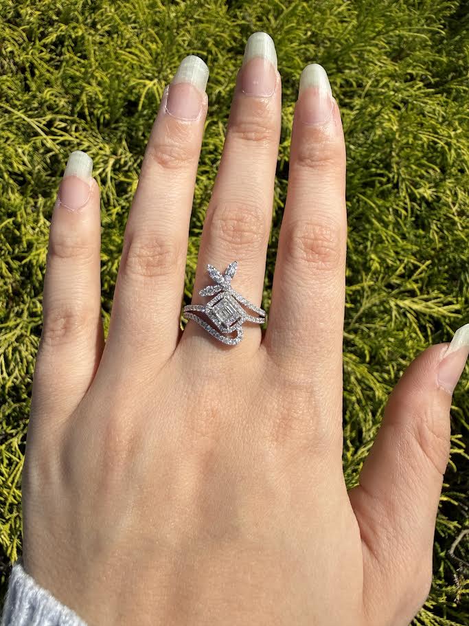 0.74 CTW Floral Baguette Diamond Swirl Fashion Ring