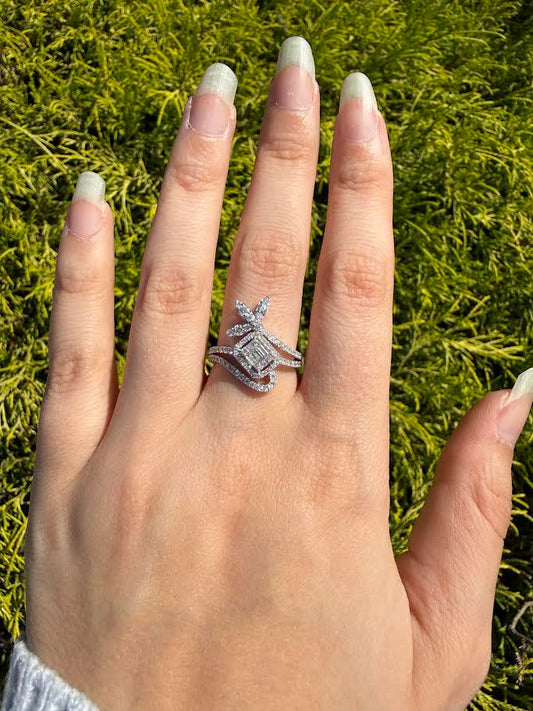 0.74 CTW Floral Baguette Diamond Swirl Fashion Ring