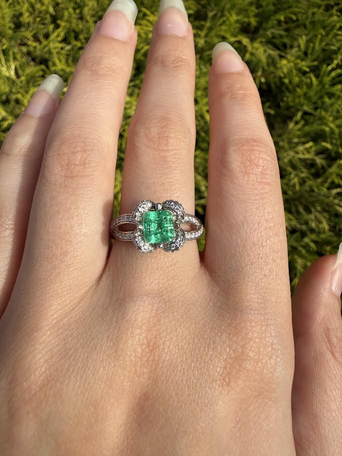 Emerald and Diamond Flower Halo Ring