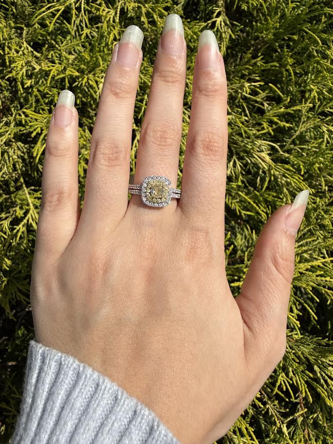 18K 0.57 CTW Yellow Diamond Double Halo Split Shank Ring