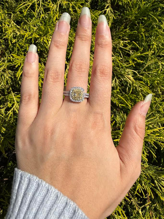 18K 0.57 CTW Yellow Diamond Double Halo Split Shank Ring