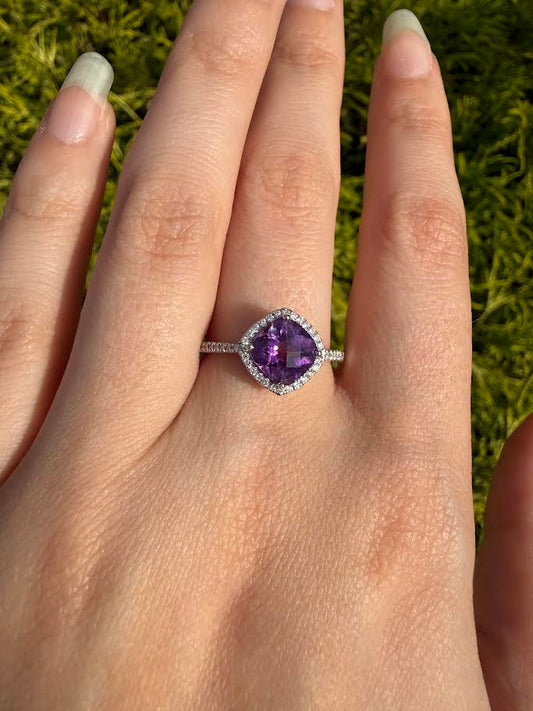 Cushion Amethyst and Diamond Halo Ring