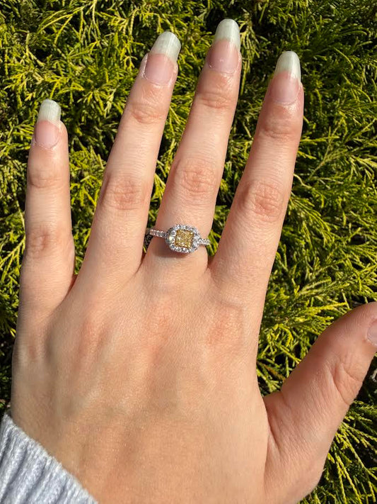 18K 1.0 CTW Fancy Yellow Diamond Halo Accented Ring
