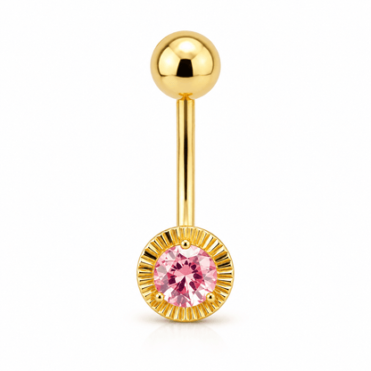 14K Yellow Gold Belly Piercing with Pink Stone