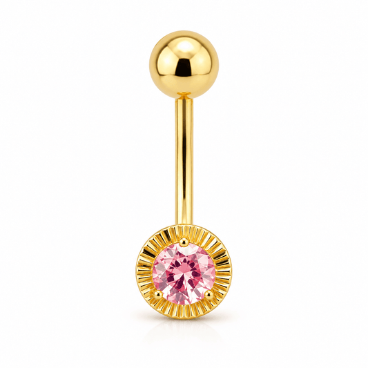 14K Yellow Gold Belly Piercing with Pink Stone
