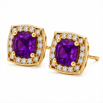 Amethyst and Diamond Halo Stud Earrings