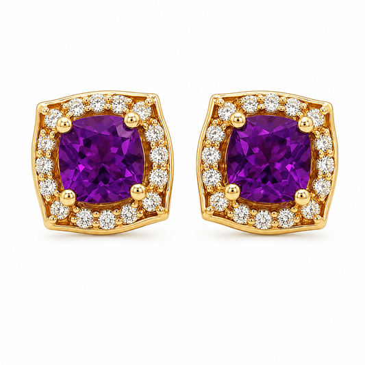 Amethyst and Diamond Halo Stud Earrings