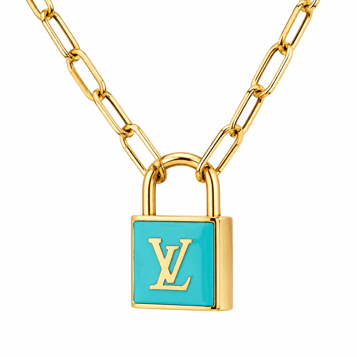 Blue LV-Inspired Lock Pendant Necklace