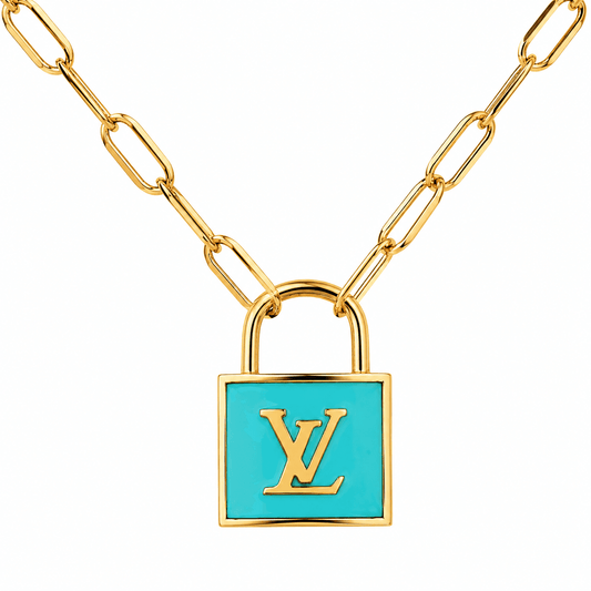 Blue LV-Inspired Lock Pendant Necklace