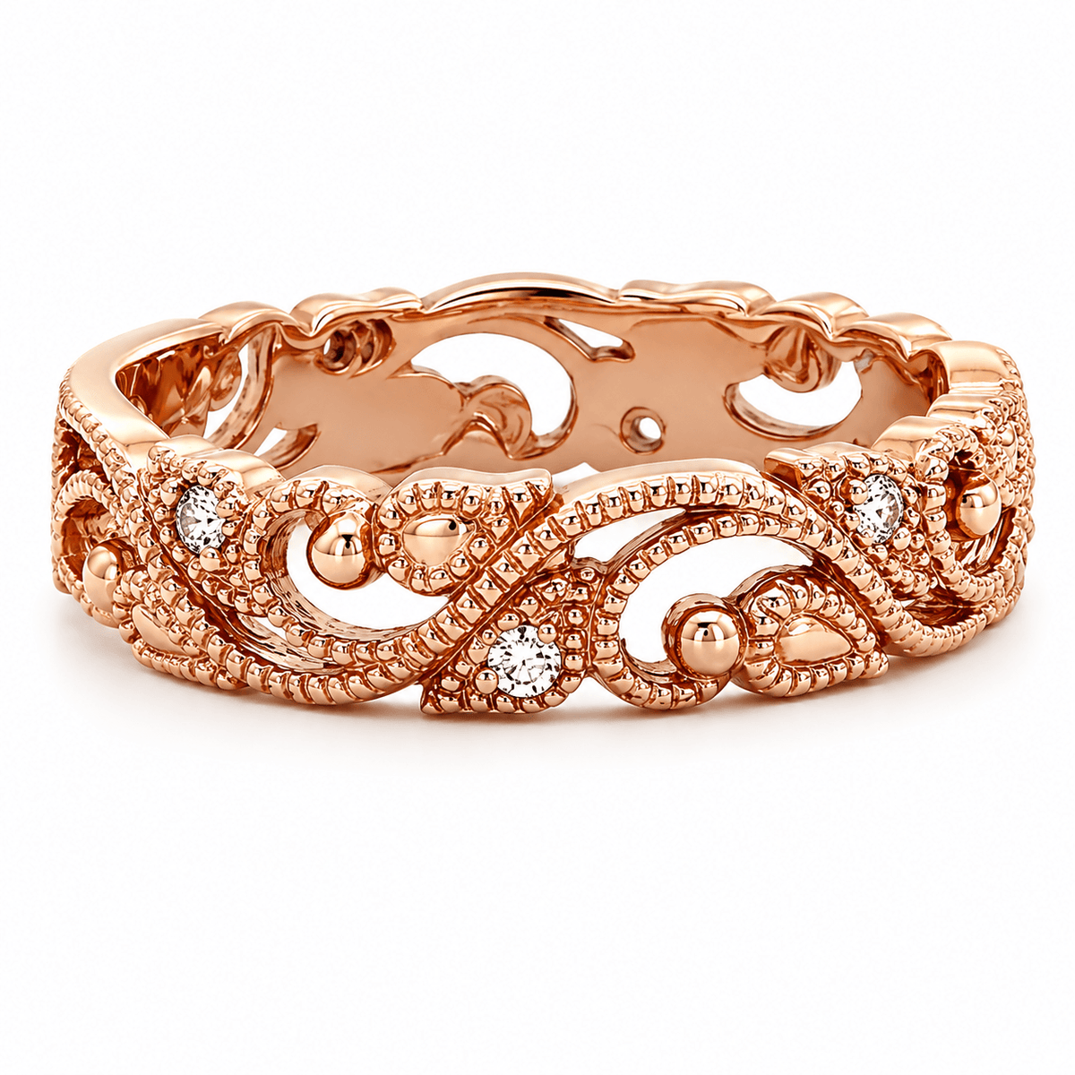 0.11 CTW Rose Gold Diamond Floral Milgrain Fashion Band