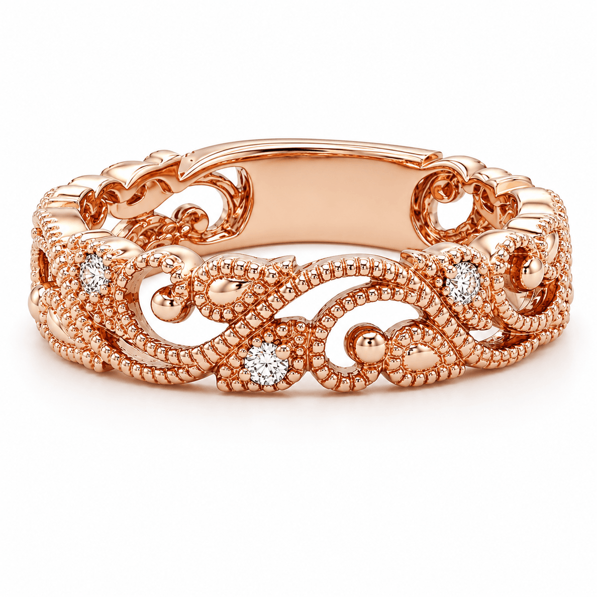 0.11 CTW Rose Gold Diamond Floral Milgrain Fashion Band