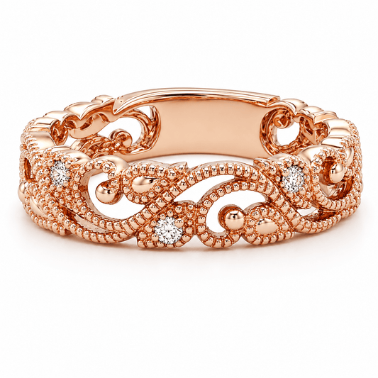 0.11 CTW Rose Gold Diamond Floral Milgrain Fashion Band