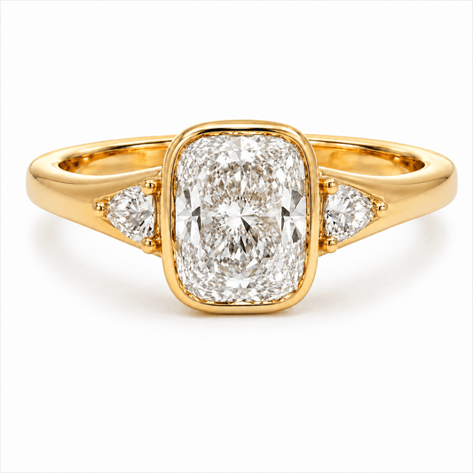 Elongated Cushion Three-Stone Engagement Ring