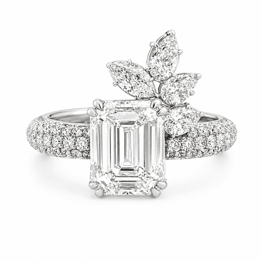 3.31 CTW Emerald-Cut Lab-Grown Pave Diamond Floral Accented Engagement Ring