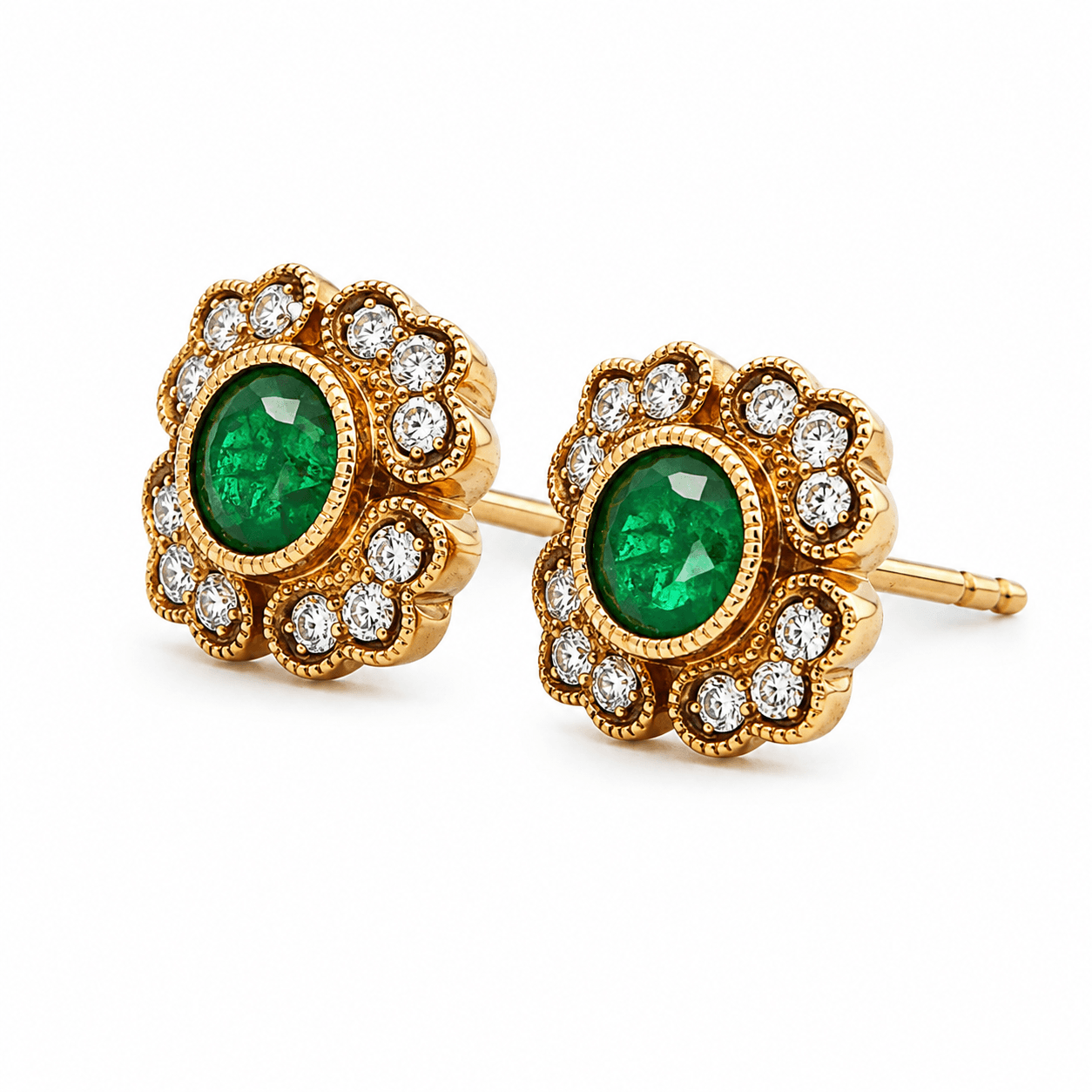 Emerald and Diamond Floral Stud Earrings