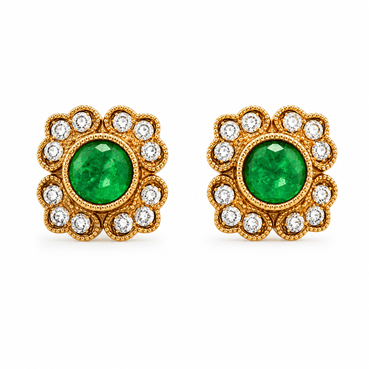 Emerald and Diamond Floral Stud Earrings