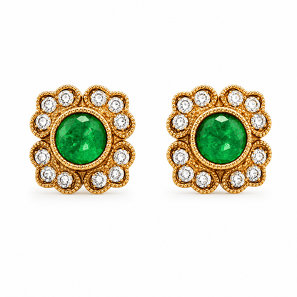 Emerald and Diamond Floral Stud Earrings