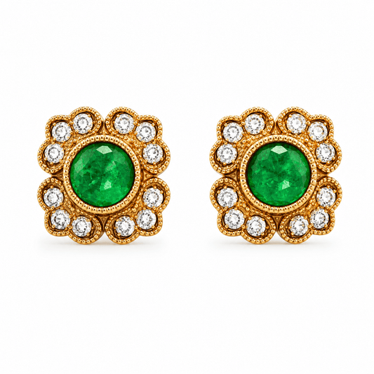 Emerald and Diamond Floral Stud Earrings