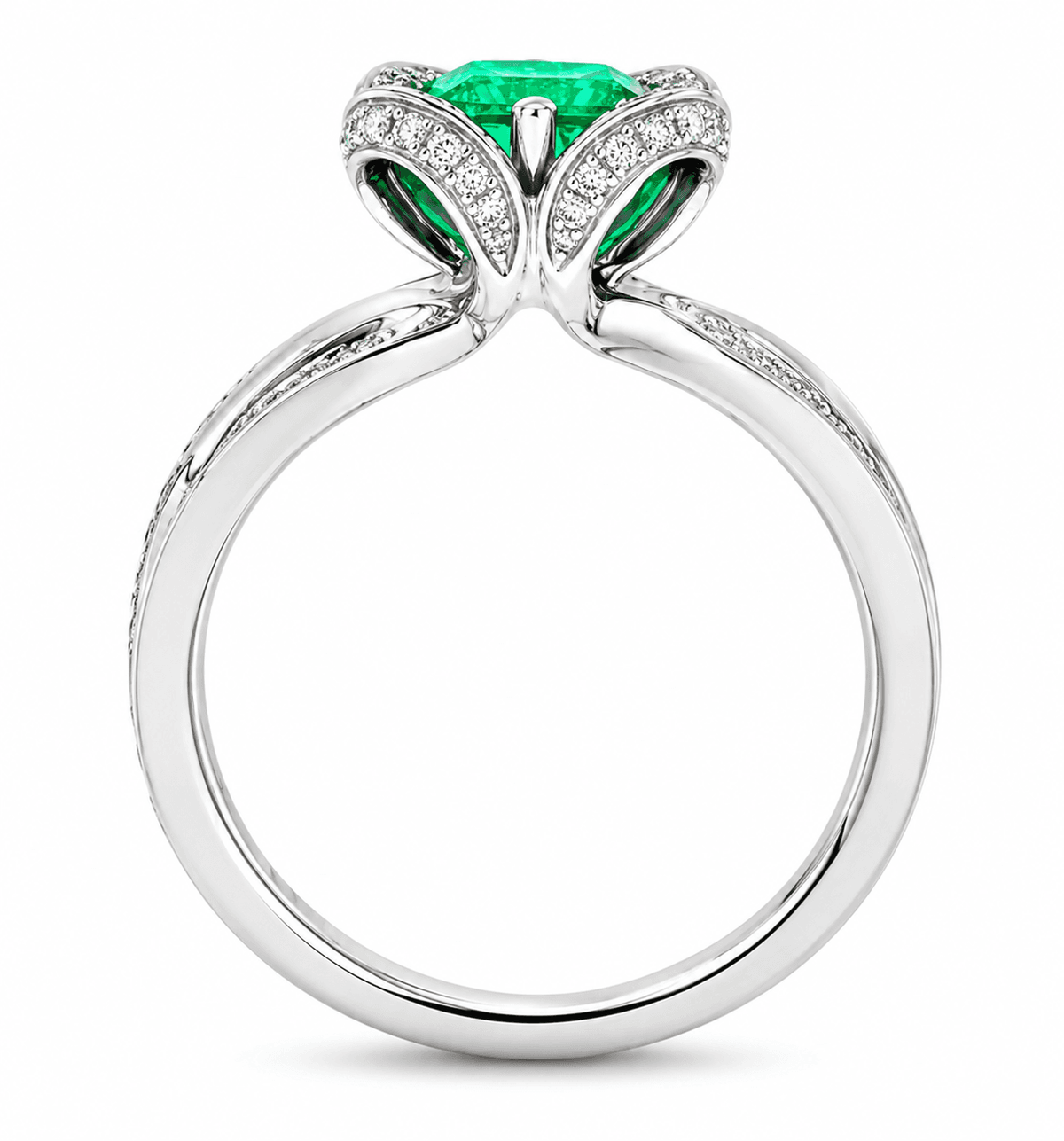 Emerald and Diamond Flower Halo Ring