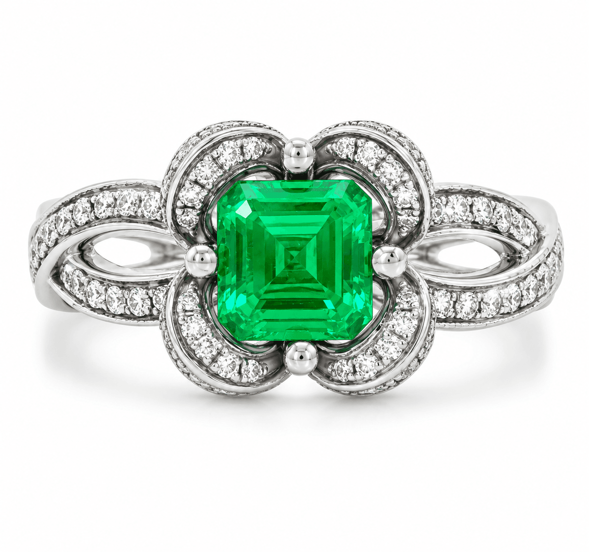 Emerald and Diamond Flower Halo Ring