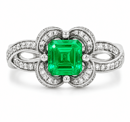 Emerald and Diamond Flower Halo Ring