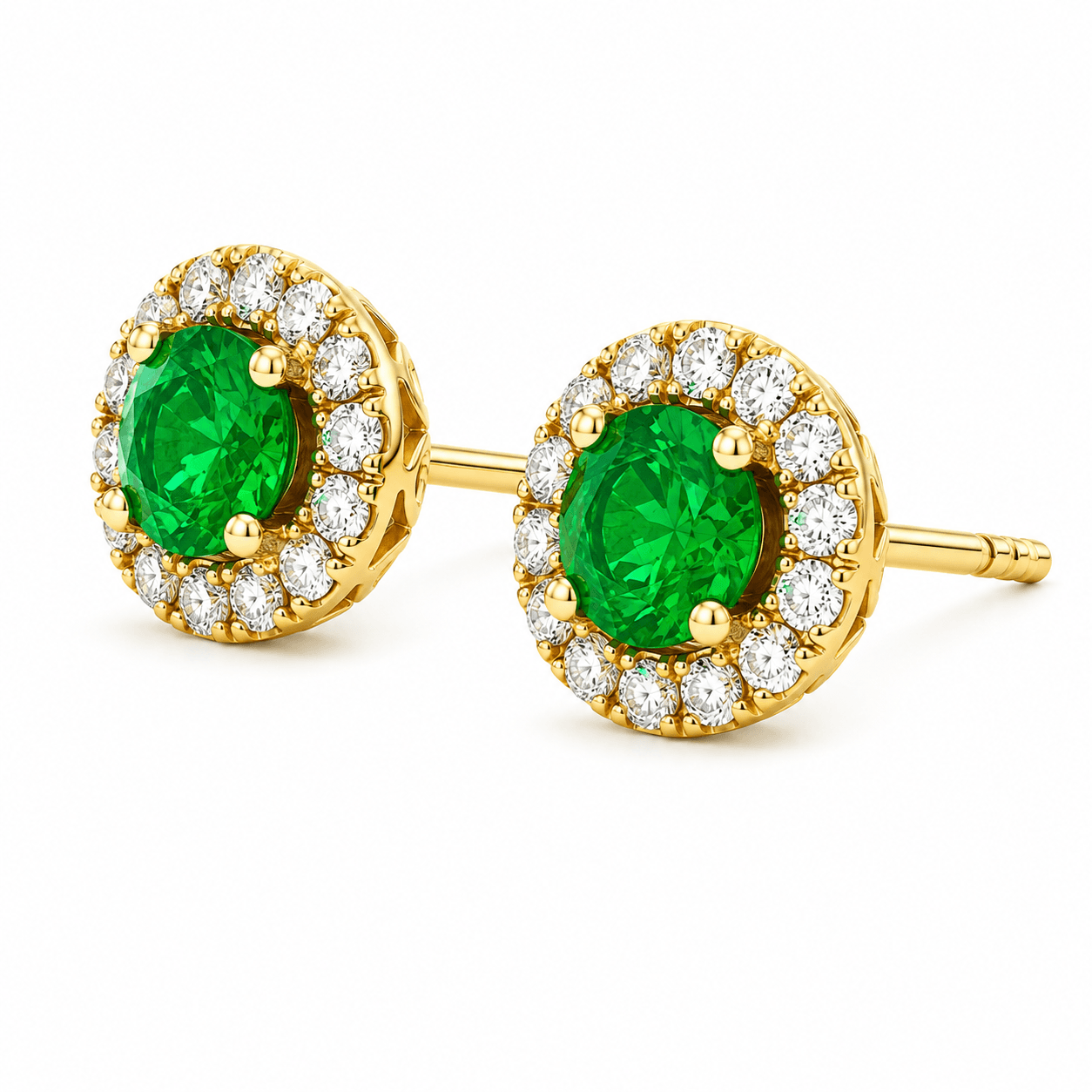 Emerald and Diamond Halo Stud Earrings