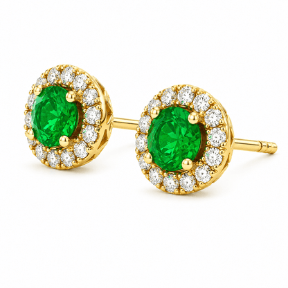 Emerald and Diamond Halo Stud Earrings