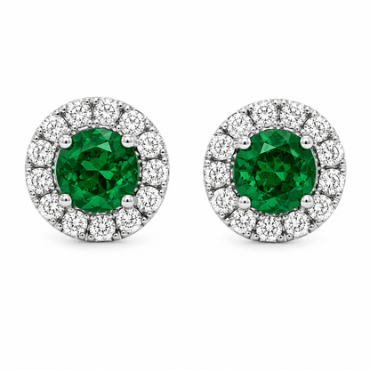 Emerald and Diamond Halo Stud Earrings