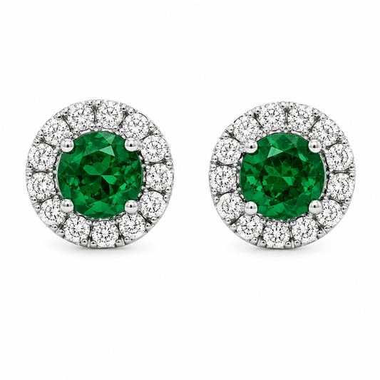 Emerald and Diamond Halo Stud Earrings