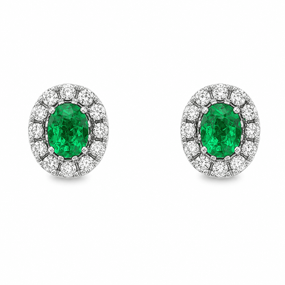 Emerald and Diamond Halo Stud Earrings