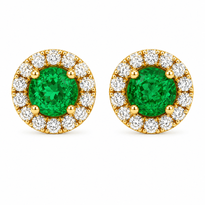 Emerald and Diamond Halo Stud Earrings