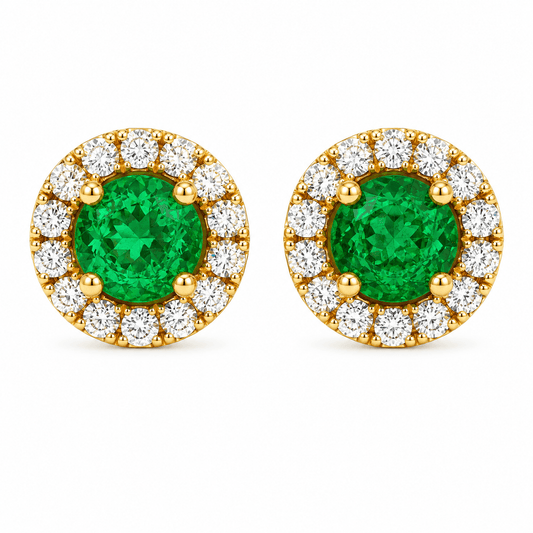 Emerald and Diamond Halo Stud Earrings