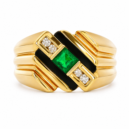 Emerald, Diamond and Onyx Fashion Ring