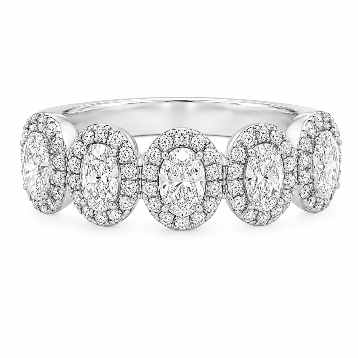 Platinum 1 CT TW. Five-Stone Oval Halo Diamond Band